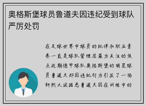 奥格斯堡球员鲁道夫因违纪受到球队严厉处罚